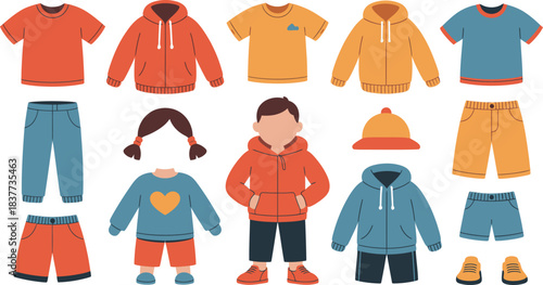 Cartoon Clothing Collection Tshirts, Hoodies, Pants, Shorts, and Accessories for Children Illustration