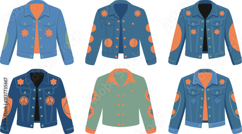 Cartoon Denim Jackets with Flower, Peace, and Circle Designs Displayed on a White Background