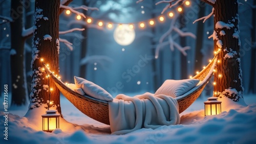 Winter Night Hammock Scene Vector, Cozy Snow Landscape with Lights, Dreamy Relaxation Wallpaper Background