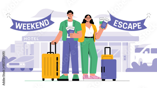 Stylish Couple Ready for a Weekend Escape Illustration with Luggage, Hotel, and Travel Documents
