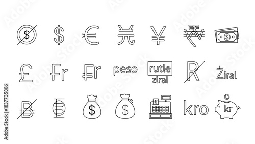 A Grid of 21 Outlined Currency and Financial Icons on a White Background