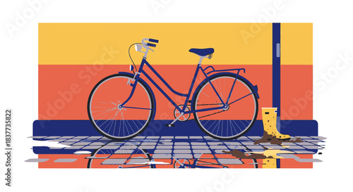 A stylish blue bicycle is parked on a patterned urban sidewalk next to a street pole, with a yellow puddle reflecting the vibrant, minimalist background.