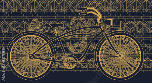 Intricate golden line art illustration of a vintage cruiser bicycle, adorned with elegant geometric patterns against a dark, stylized background, evoking Art Deco charm.