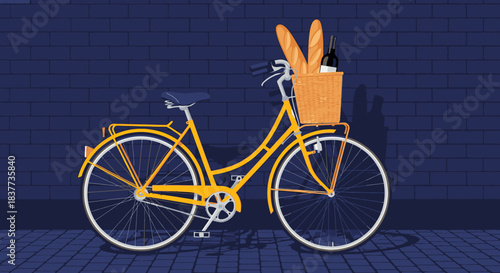 A charming yellow vintage bicycle with a basket of baguettes and wine, parked against a dark brick wall, perfectly captures a relaxed European moment.