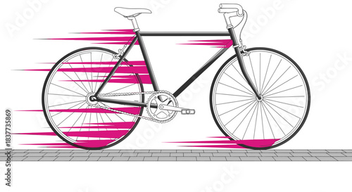 An energetic graphic illustration showcasing a sleek black bicycle in rapid motion, highlighted by striking pink speed streaks against a minimalist white backdrop.