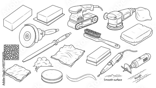 Detailed Line Art Set: Surface Prep & Finishing Tools, Abrasives, and Texture Illustrations
