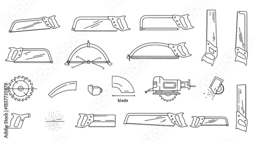 Knife set with various tactical and combat designs, featuring double-edged blades, sharp tips, and ergonomic grips in a detailed line art style for