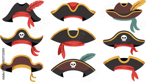 Cartoon Pirate Hats with Feathers, Bandanas, and Skull and Crossbones Iconography