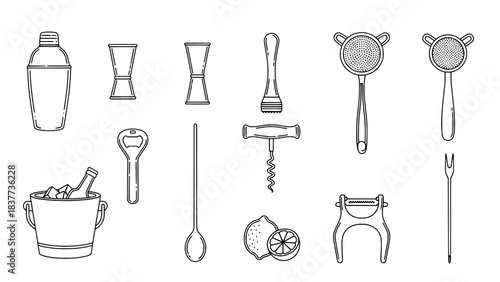 Minimalist Black Outline Bartending Tools and Cocktail Essentials on White Background