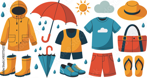 Cartoon Weather Wardrobe Raincoat, Umbrellas, Boots, Summer Clothes, and Accessories Flat Lay Illustration