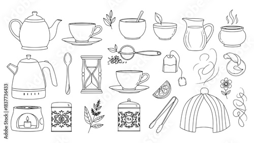 Black Outline Hand-Drawn Tea Ceremony and Beverage Preparation Elements Doodle Collection on White Background
