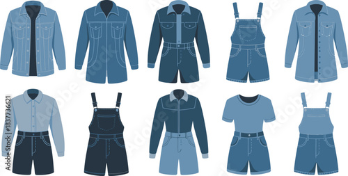 Collection of Blue Denim Style Outfits Jackets, Jumpsuits, Shirt and Short Sets Fashion Illustration