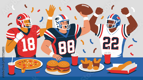 Three Football Players Celebrating Super Bowl Sunday with Pizza, Burgers, Chicken Wings, and Hotdogs