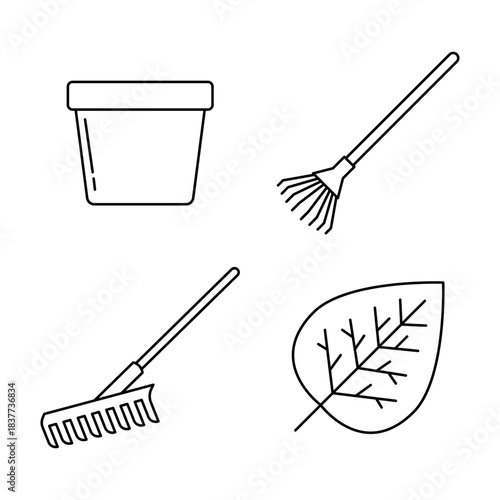 Gardening tools line icon set 25.eps with flower pot, rakes, and leaf. Minimalist vector illustration for agriculture and horticulture