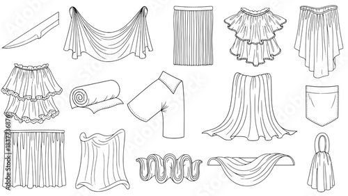 A collection of 15 detailed black outline illustrations depicting various fabric drapes, folds, garment details, and textile forms on a white background.
