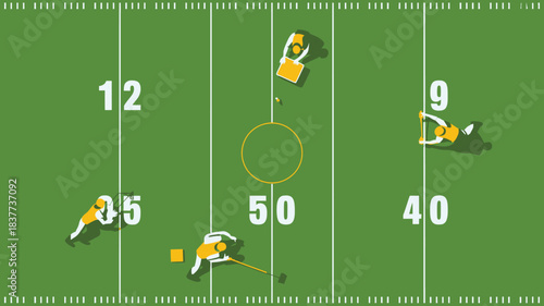 Top Down View of American Football Field with Players, Yard Lines, and End Zones Illustration