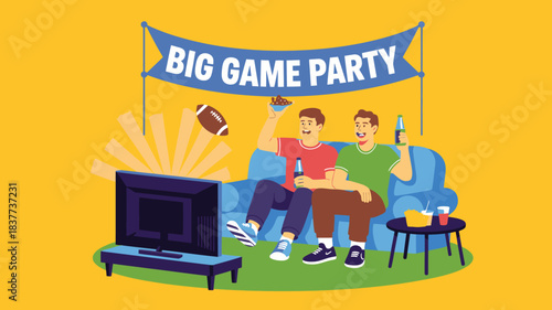 Two Friends Watching Football with Beer and Chips at a Big Game Party Banner