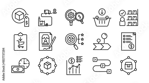 Procurement Line Icon Set. Purchase, sourcing, supply vendor, supplier, contract, order, inventory, logistics, payment, business, materials, goods icons vector illustration. Pixel-perfect stroke
