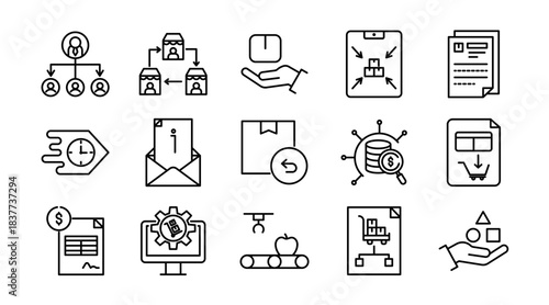 Procurement Line Icon Set. Purchase, sourcing, supply vendor, supplier, contract, order, inventory, logistics, payment, business, materials, goods icons vector illustration. Pixel-perfect stroke