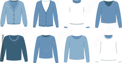 Collection of Illustrations Showcasing Stylish Cardigans and Pullovers in Blue and White Tones