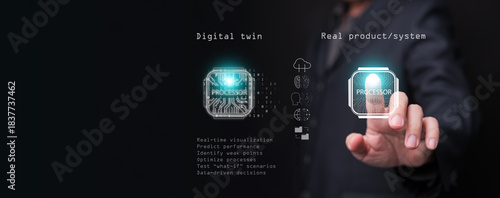 Digital twins technology concept. A processor chip beside its virtual twin model. AI generated counterpart with real time data for simulation, integration, analysis, testing, monitoring, maintenance.