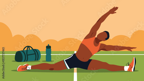 Woman Stretching on Field with Gym Bag and Water Bottle Illustration