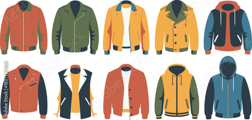Collection of Stylish Men's Jackets and Hoodies in Various Designs and Colors Illustration