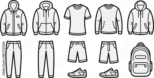 Collection of Stylized Clothing and Accessories Outlined in Black and White, Including Backpack