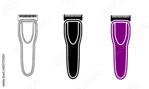 Electric Hair Clipper or Trimmer Vector Icon Set in Outline, Solid Black, and Purple Color, Isolated Barbershop and Personal Grooming Symbol