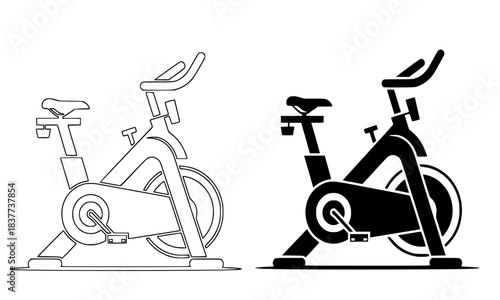 Indoor Cycling Spin Bike Vector Icon Set in Outline and Black Silhouette, Isolated Stationary Bicycle Symbol for Gym, Fitness, and Workout Concepts
