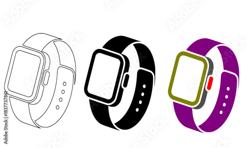 Smartwatch Vector Icon Set in Outline, Solid Black, and Colorful Design, Isolated Wearable Technology Symbol for Fitness, Communication, and Devices