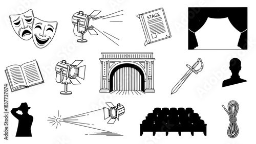 Minimalist black and white illustration showing a guitar neck with a wrench and string roll, representing instrument repair, beside two blank rectangular boxes.