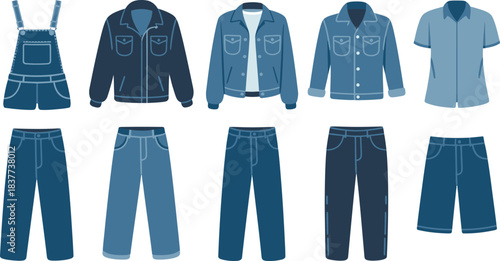 Collection of Various Denim Clothing Items Overalls, Jackets, Shirts, and Pants Illustration