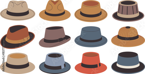 Collection of Twelve Stylish Fedora Hats with Bands in Various Colors and Designs Displayed