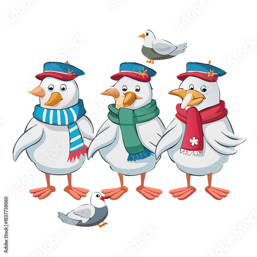 Set of funny cartoon gulls in scarves and hats. Seagull or cormorant as a boatswain or captain.