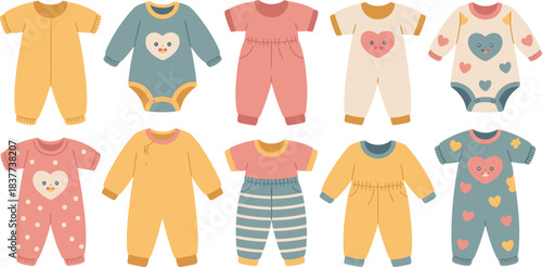 Collection of Whimsical Baby Clothes Rompers, Onesies, and Pajamas in Soft Pastel Colors