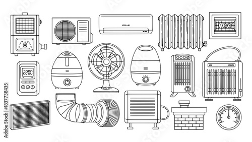 Set of 15 HVAC and Climate Control Appliance Icons in Black Outline Line Art on White Background