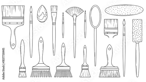 A diverse collection of 17 artistic tools including various paintbrushes, sponges, and a palette knife, rendered as detailed black outline illustrations on a white background.