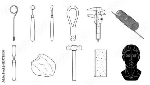 A collection of 11 crafting, sculpting, and measurement tools with a classical bust, rendered in clean line art and solid black styles on a white background.