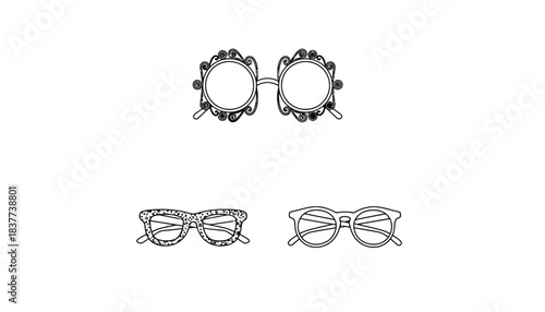 Three pairs of decorative eyeglasses are displayed against a plain white background.