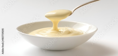 The Mayonnaise Being Poured From A Spoon Into A White Ceramic Bowl