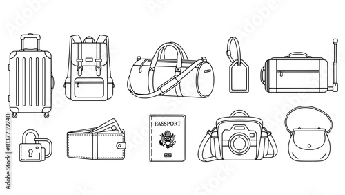 Set of Ten Minimalist Black Outline Travel and Personal Item Icons Arranged in a Two-Row Grid