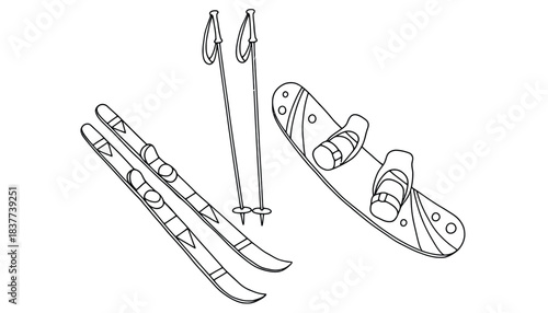 A pair of skis with poles and a snowboard are laid out on a white background, ready for winter sports.