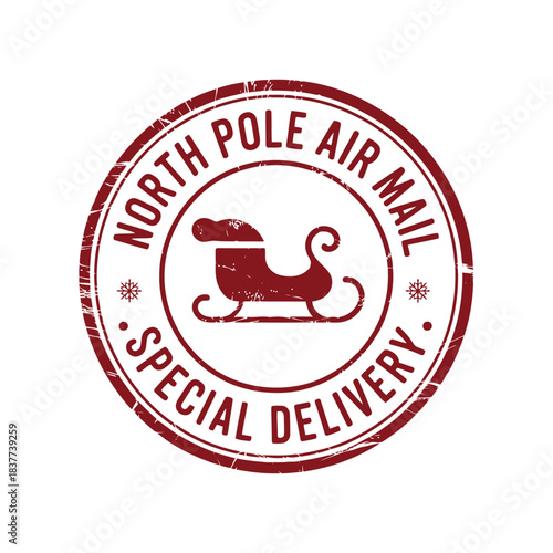 North pole air mail sleigh stamp isolated on transparent background, Vector