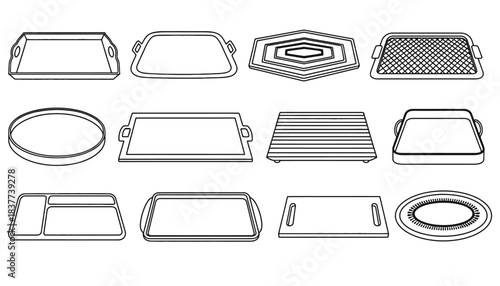 A collection of various trays and serving platters is displayed.