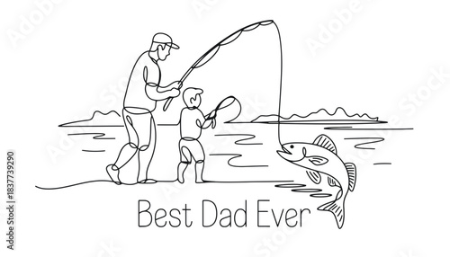 A father and son enjoy a fishing trip together, with the son reeling in a large fish while the father watches with pride, symbolizing their bond and a shared outdoor activity.