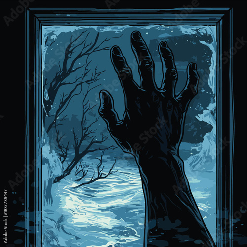 looking frosty window hand out horrific obscure torment waves dismembering people nightmarish illustration opaque third person view , vector style simple color