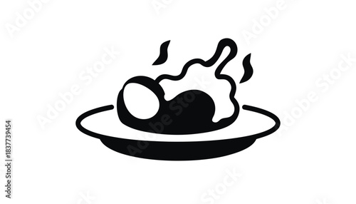A stylized black and white graphic illustration of a fried egg on a plate with steam rising.