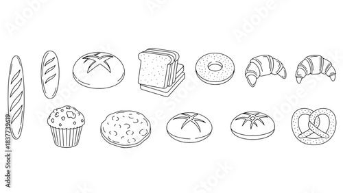 Outline Bakery Icons Collection: Twelve Black Line Art Illustrations of Bread, Pastries, Muffin, Bagel, and Pretzel, Arranged in Two Horizontal Rows on White Background, Clean Flat Graphic Style.