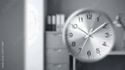 Blurred office clock face with silver hands and numbers time motion